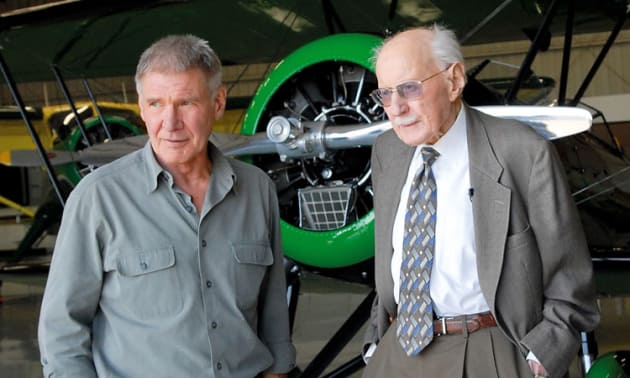 Aviation legend Bob Hoover (right) with actor and pilot Harrison Ford. (The Bob Hoover Project)