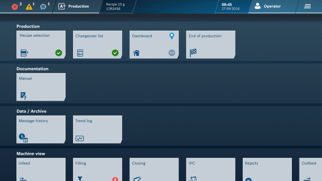 Thanks to a more clearly arranged, tile-structured menu, operators will benefit from a quick overview of all functions and processes of their machines.