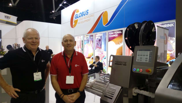 Globus Group CEO Chris Burt and group sales manager Michael Faure were on hand to demonstrate the Tipper Tie 1815 automatic clipper model, which runs cost-effective roll stock films. Compared with using traditional shirred casings, roll stock brings added versatility and critical operational benefits to automatic stuffing and clipping, such as longer production runs and less downtime, according to the team.