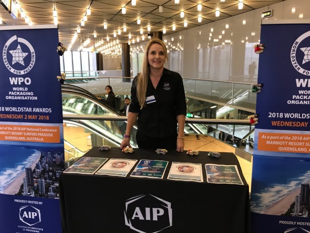 Nerida Kelton, AIP executive officer at Interpack promoting the AIP conference and the 2018 WorldStar Aawrds to be held in Australia in May 2018.
