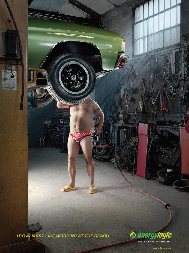 When Energy Logic asked for a creative illustration of the benefits of using a heater which takes used motor oil to produce heat in auto-shops, clearly the answer was half naked mechanics enjoying their new-found heat. Hearing of this comedic approach, photographer John Fulton jumped at the opportunity. &ldquo;I knew I had to land this project. Speedo-clad mechanics?! Awesome.&rdquo; But he says that they didn&rsquo;t want to make a joke out of the mechanics: &ldquo;They are the target market for our client after all.&rdquo; While the content of the images would draw attention on its own, Fulton&rsquo;s job was to create a space that looked real but didn&rsquo;t take away from the talent like most busy mechanic&rsquo;s shops might. &ldquo;My approach to interior spaces typically involves painting swaths of light shot by shot in the scene to accent and direct the focus as I want with total control.&rdquo;