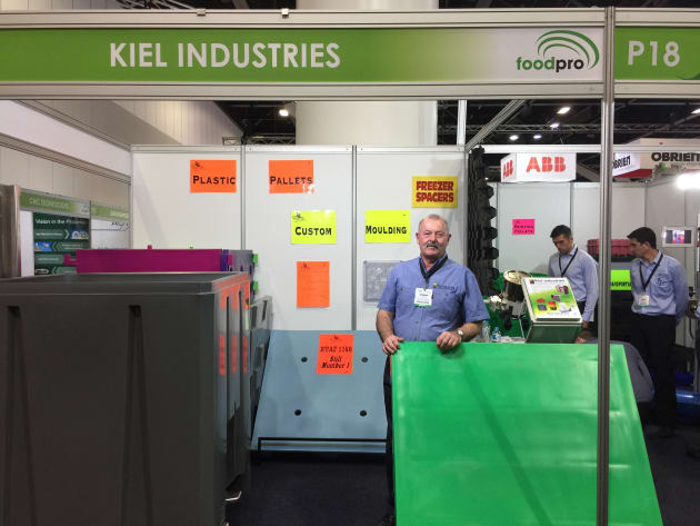 Kiel Industries&rsquo; Colin Kiel was on the stand, showing the company's food-grade hopper bins, which have a slide gate at the bottom to empty discharge, and are finding favour among coffee and nut processors, according to Kiel.