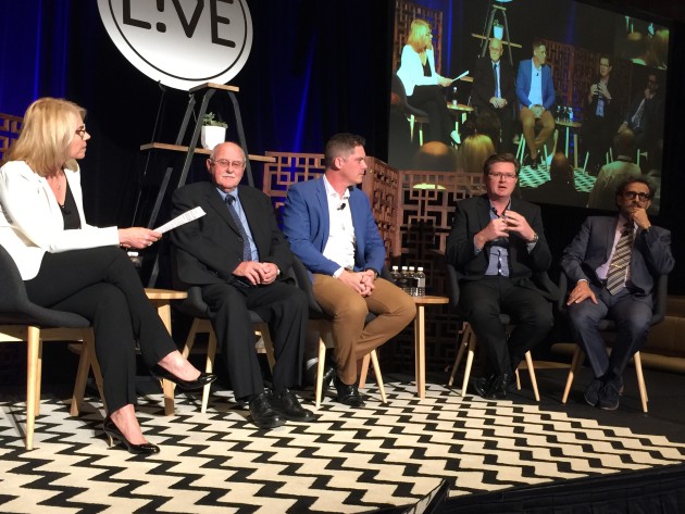 FROM LEFT: Food & Drink Business publisher Lindy Hughson moderated the Food & Pack 4.0 panel session with Doug Smith, chairman of Robot Technologies-Systems Australia, Brett Wiskar, innovation director at process plant designer Wiley, Mark Dingley, chief executive of Matthews and chairman of APPMA, and Robert Marguccio, business manager of packaging & inspection systems at Heat and Control.