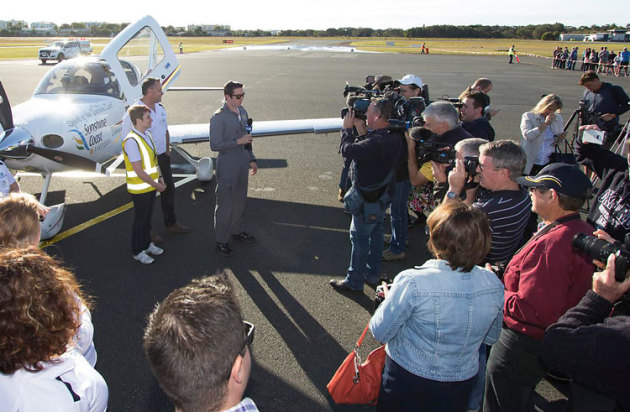 Lachie Smart addresses the media throng at Sunshine Coast Airport on 28 August 2016. (Barry Alsop/Eyes Wide Open Images/Sunshine Coast Council)