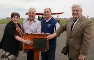 Lethbridge upgrades are officially opened by Golden Plains Mayor Councillor Jenny Blake, airpark owner Gary Baum, EJ Whitten Foundation CEO Ted Whitten Jnr and David Koch, MLC for Western Victoria. (Steve Hitchen)