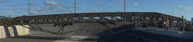 Members of the School of Military Engineering completing the build of an in-service 14 bay double storey Medium Girder Bridge with reinforced link set at Holsworthy Barracks, NSW. Credit: Defence