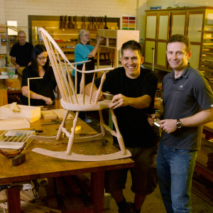 Windsor chair workshop in progress at the Melbourne Guild of Fine Woodworking. A photo of a Perch Stool is shown below.