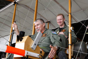 AVM Mark Skidmore (left) at the controls of the RAAF Museum's Bristol Boxkite replica. (Department of Defence, CPL Colin Dadd)