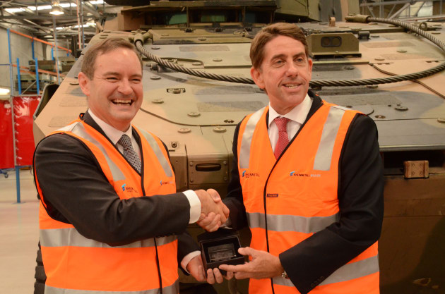 Rheinmetall Defence Australia MD Gary Stewart (L) with QLD Minister Milton Dick, Boxer CRV as backdrop. Credit: ADM David Jones