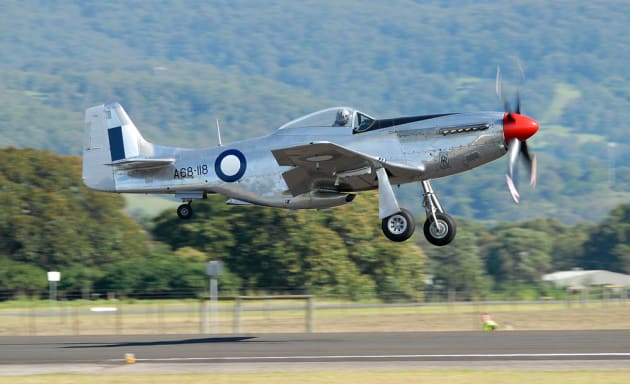 Jeff Trappett takes off in his CAC Mustang hot on the heels of the Temora Spitfire. (Steve Hitchen)