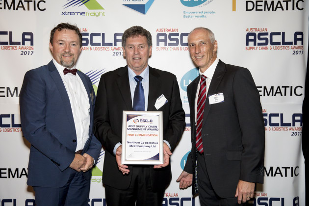 L to R: Simon Stahl (CEO &ndash; NCMC), Greg Snow (logistics manager &ndash; NCMC), and Glen Borg (Managing Director ANZA &ndash; Dematic) receive the award.