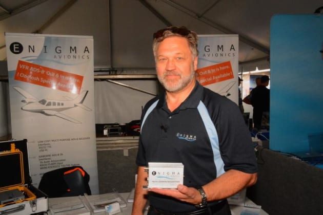 Han Sieker on the Enigma Avionics stand at OzKosh 2016. (Steve Hitchen)