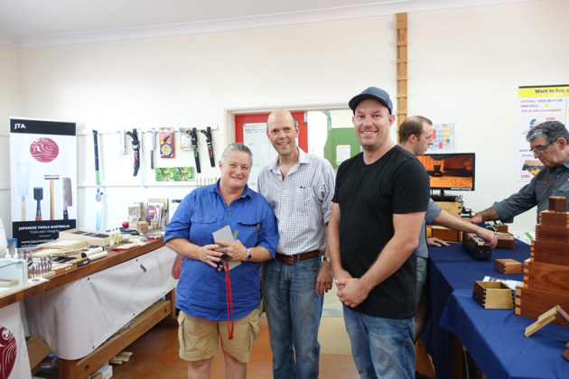 Sturt School of Wood teacher and accredited member of Studio Woodworkers Australia Phoebe Everill with Sturt Centre director Mark Viner, and Sturt School staff member Mark Gudgin.