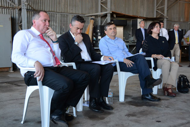 The government contingent at Tamworth. Left to right: Deputy Prime Minister Barnaby Joyce, Minister for Infrastructure and Transport Darren Chester, CASA Chairman Jeff Boyd and CASA Board member Anita Taylor.