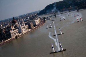 The Budapest round of the Red Bull Air Race is held on the broad Danube river in the heart of the city. (Joerg Mitter/Red Bull Content Pool)