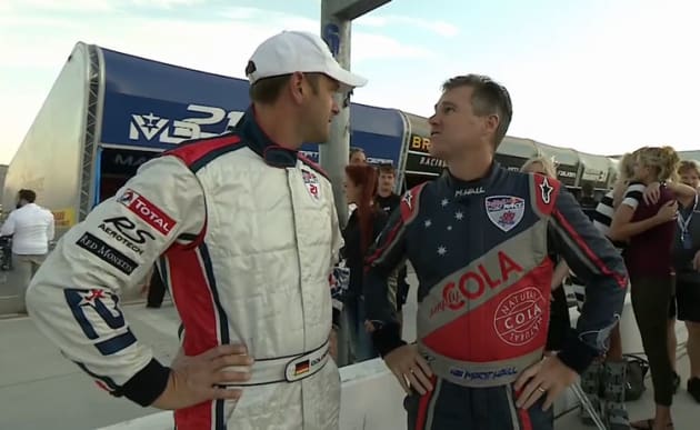 New Red Bull Air Race World Champion Matthias Dolderer chats with good mate Matt Hall ahead of the award ceremony at Las Vegas in 2016. (still from live Red Bull feed)