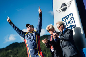 An exhilarated Matt Hall on the podium after his first Red Bull Air Race win at Spielberg, Austria, in 2015. (Joerg Mitter/Red Bull Content Pool)