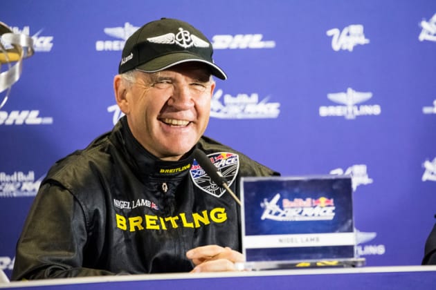 A relaxed Nigel Lamb talks to the assembled media at Las Vegas after the race was canceled. (Chris Tedesco/ Red Bull Content Pool)