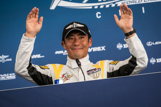 An ecstatic Yoshihide Muroya fronts the press after his first ever win in the Red Bull Air Race World Championship, Chiba, Japan, 2016. (Red Bull Content Pool/Jason Halayko)