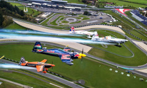 Hannes Arch leads Paul Bonhomme, Peter Besenyei and Nicholas Ivanoff on the recon flight over the Red Bull Ring at Spielberg. (Red Bull Content Pool)