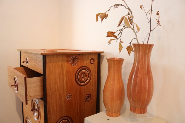 Ripple Tallboy by Chris Neal and Coopered Vases by Richard Crosland. Photo: Ilana Nathan