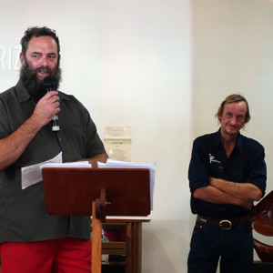 Ross Annels announced the major prize-winners as sponsor Neil Frost from Transition Timbers looks on. Photo: Raf Nathan