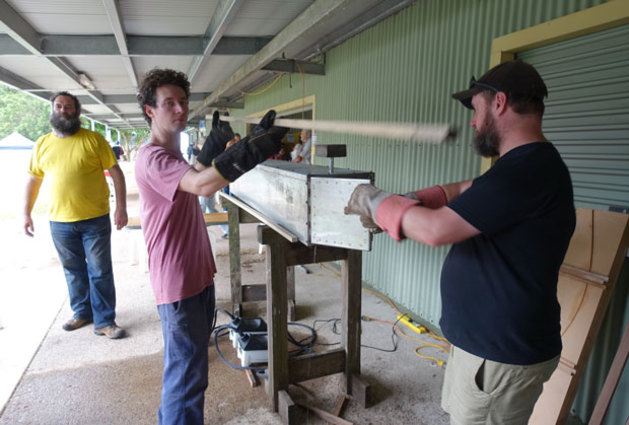 Drum roll as wood is removed from the steam box at one of Ross Annel's steambending workshops.