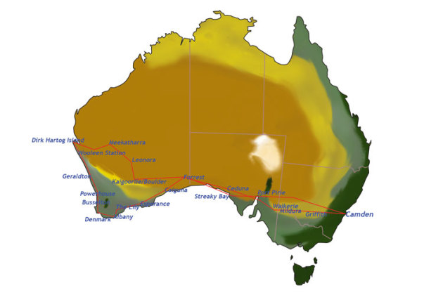 Shelley's route across Australia and back.