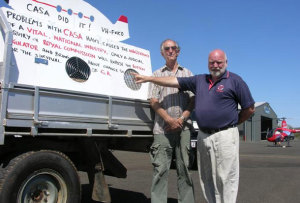 Richard Rudd (left) and Rob Cumming are taking their billboard to the doorsteps of CASA. (supplied)