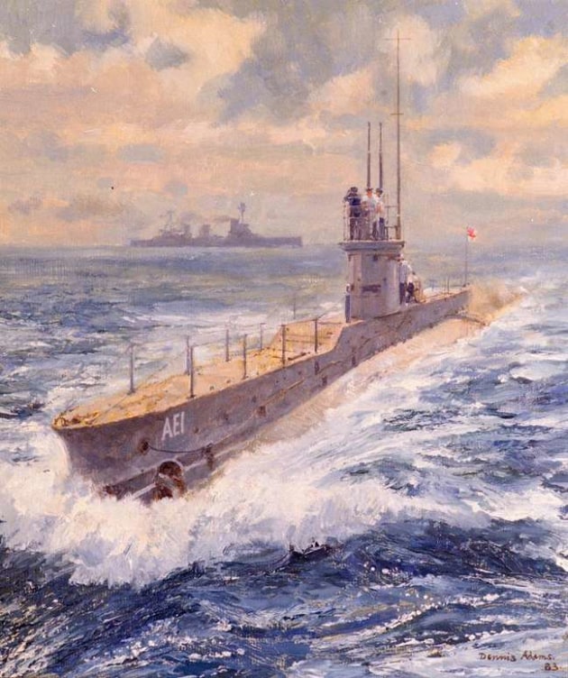 The E-class submarine HMAS AE1 with the battlecruiser HMAS Australia in the background. Credit: Defence