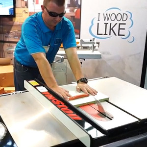 Demonstrating the SawStop safety feature at the Brisbane Timber & Working With Wood Show in Brisbane, 2014.