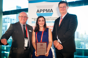 The AIP's Ralph Moyle with 2015 scholarship recipient Alexandra Brayshaw and the APPMA's Mark Dingley.