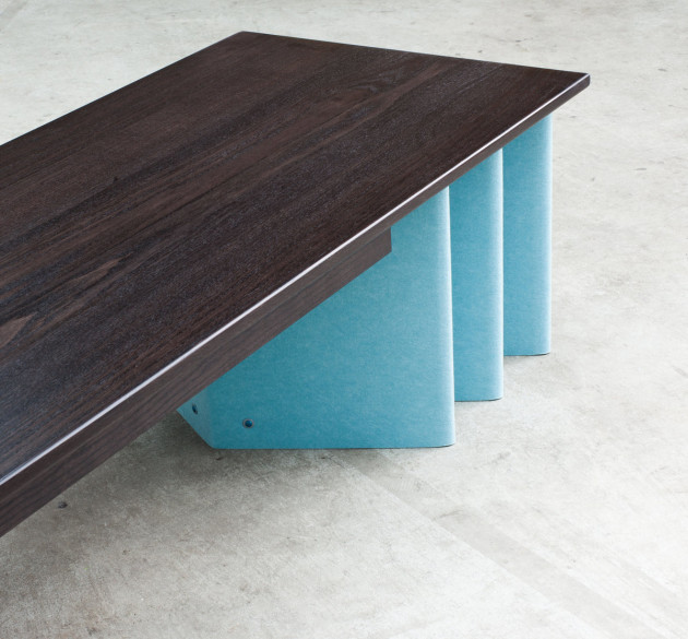 Elliot Bastianon's Six Fold is a bench seat made from six sheets of EchoPanel. V-bent panels support a blackened solid oak top. Photo: Charlie White