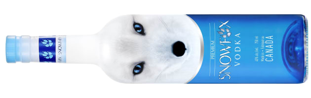 A cold foil from API is used to draw attention to the SnowFox vodka bottle.