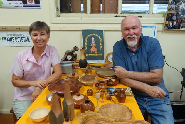 Members of the Southern Highlands Woodies Inc with a display of items made by members.