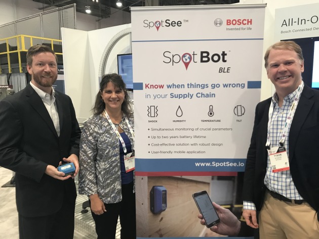 Scott McClelland of Bosch with SpotSee's Angela Kerr and Tyson Stuelpe. SpotSee has teamed up with Bosch to launch SpotBot BLE, targeting the internet of logistics as a packaging monitoring solution.