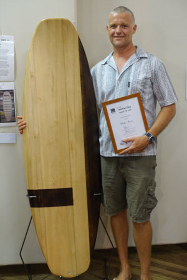 Steve Hann, Branch Out, paulownia. &lsquo;Surfing is often thought of as a green sport however if we stop and think about what surfboards are made from a horrifying reality emerges. Not only are petroleum-based polyurethane foam and layers of toxic polyester resins bad for the environment, they are also bad for the people who make them. A new trend is emerging within the surf community as awareness of our fragile environment sinks in and people look for ways in which they can make a difference. My love of working with wood and surfing have led me to building timber surfboards. Timber surfboards functionally perform similar to, and in some cases better than their un-environmentally friendly counterparts. The bonus is that a traditional foam surfboard could never match the beauty, aesthetics and longevity of a timber one. To this end, I feel I am making a small difference and working &ldquo;Against the Grain&rdquo; of modern-day surfboard manufacture.&rsquo;