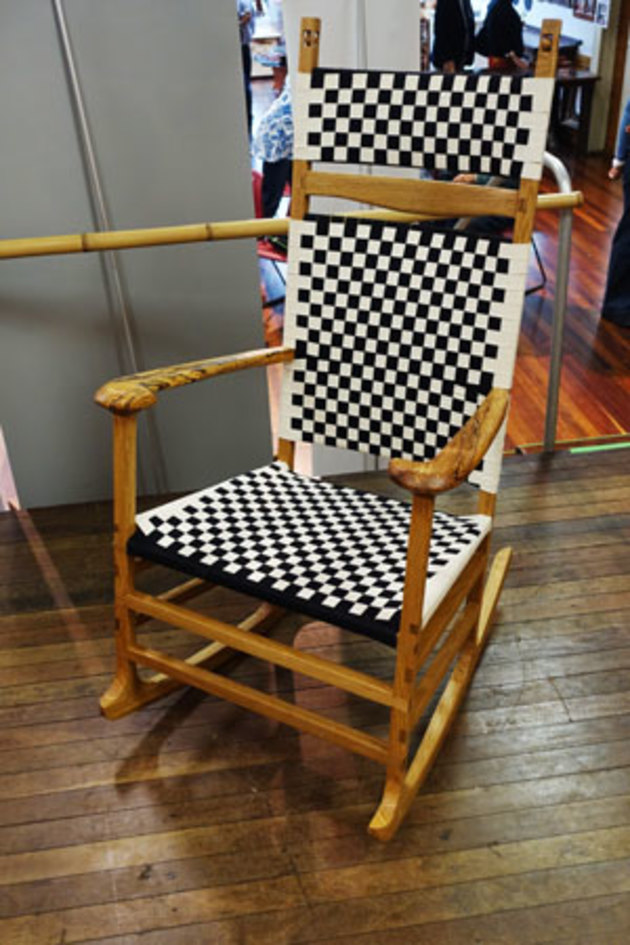 Steve Whitby, Dovetail Rocker, recycled white oak, leatherwood armrests. &lsquo;I have mainly used half lap dovetail joints as they are very strong. This has allowed me to make the basic chair from reasonably thin section wood. The seat and back are woven from cotton tape. I was concerned primarily with making a comfortable chair but one that is also elegant. The chair was designed for myself and I am 5' 8'' tall or 174cm. As such, it is comfortable for me but may be less so for you. By all means have a try &ndash; I hope you enjoy the ride. When in use, the user is literally "against the grain". The final chair is an intimate, sensual experience when used.&rsquo;