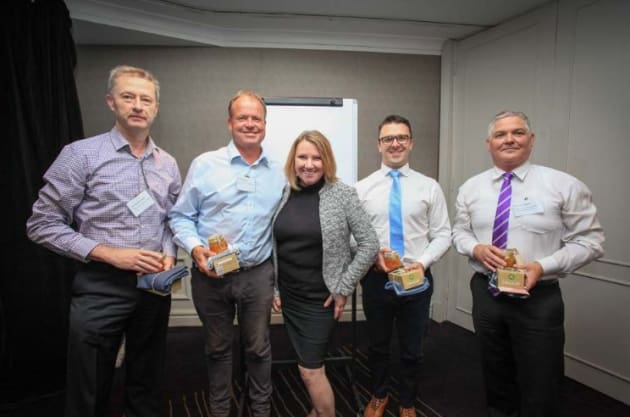 L-R: Richard Smith (AMCOR), Rob Pascoe (Closed Loop), APC CEO Trish Hyde, Lachlan Feggans (CHEP) and Colin Barker (Australian Industrial Ecology Network) were presenters in the 
Soft Plastics stream of the APC Think Tank.