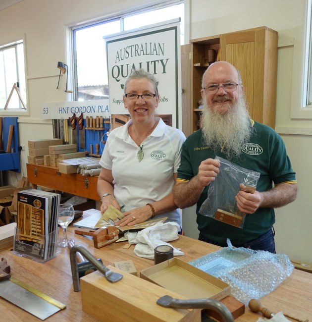 Catherine Gorrie and Colen Clenton with a range of the tools that Colen designs and makes.