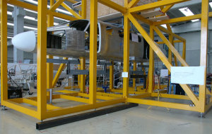 Tecnam's first P2012 Traveller in an assembly rig at the Capua plant. (Tecnam)