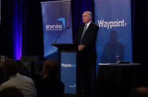 Acting Prime Minister and Minister for Infrastructure and Regional Development Warren Truss speaks at Waypoint 2014. (Airservices via Twitter)