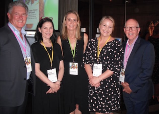 Celebrating print in Sydney this week were (left to right): Kevin Slaven, CEO PMP; Michelle Levine, Roy Morgan; Sally Wright, Medium Rare; Kellie Northwood, CEO Two Sides and convenor of the event; and John Walker, MD Sappi Australia.