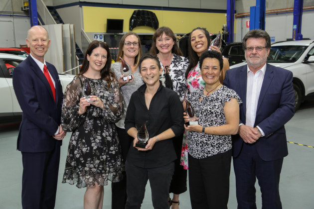From left: Anthony Boddy, IAG; Kate Presnell, Gary Presnell Bodyworks; Joanne Stavris, Gow St Audobody; Lara Anastasi, L&M Smash; Sam Street; Perlita Puruto, Workhorse Collision Repairs; Corinne Verdile, Wayne Phipps Smash Repairs; Stephen Palmer, IAG
