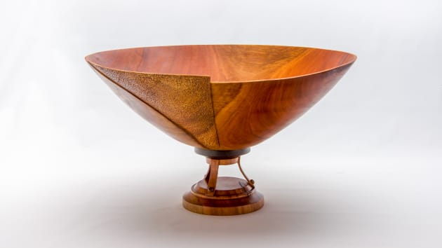 Vince Rush, bowl of 200mm green-turned red mahogany in four pieces and textured