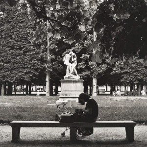 From Max Dupain's Paris Private series, Untitled (woman with pram in Jardin des Tuileries), Gift of Penelope Seidler AM in honour of Max Dupain AC and Harry Seidler AC 2012.