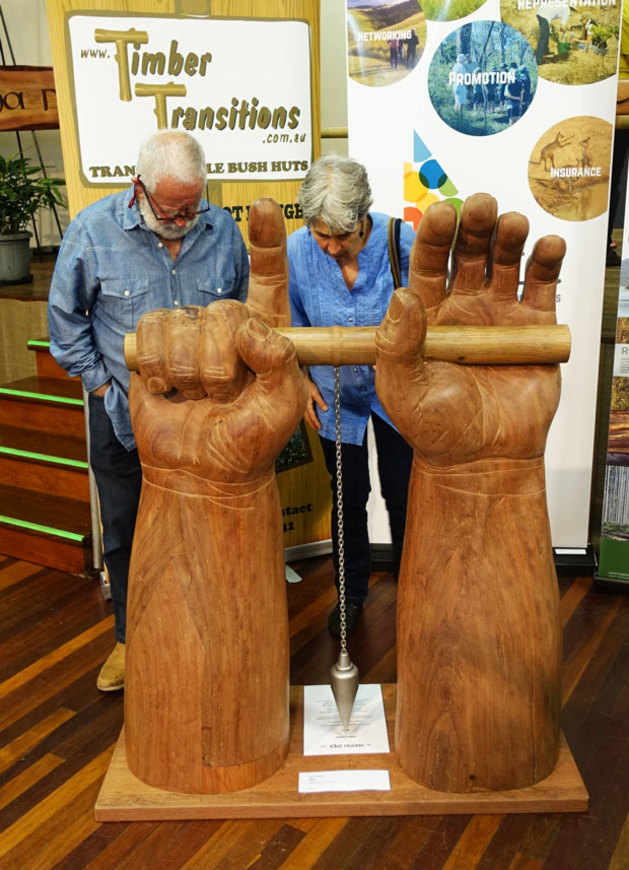 Rada Vlasici, Wilto, recycled Qld blue gum. &lsquo;The hands, like the eyes, are messengers of true feelings. If you raise the hands above the head, you&rsquo;ll soon get the message &ldquo;I&rsquo;ve had enough of this&rdquo;, no matter what kind of state of mind you may be in. Just try it! It will be even more so when there is an uncompromising, law of physics obeying &ldquo;LOAD&rdquo; to carry which accepts no massaging techniques! Will the brain accept that the &ldquo;against the grain&rdquo; path is not a wise state of affairs, will it swallow its pride, gently lower the hands, and obey the &ldquo;LOAD&rdquo;, or, just go ahead with it&rsquo;s somehow aggressively displayed intention and see what happens&hellip;. Time will tell!!&rsquo;