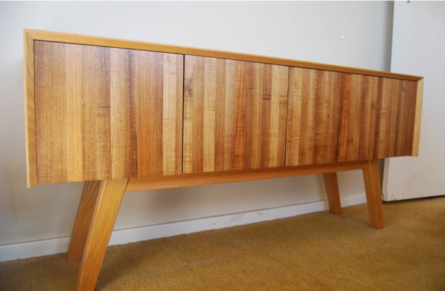 Warwick Wright, Retro sideboard in American Oak with red Laminex and glass interior, 1500 x 420 x 700mm