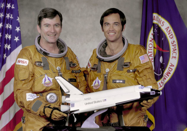 John Young and Bob Crippen (right) flew the first space shuttle flight in 1981. It was the first time NASA had been able to re-use a space craft. (NASA)