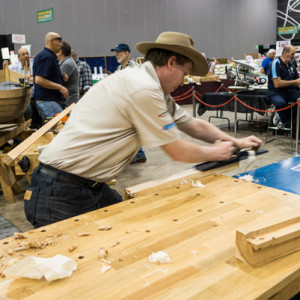 Ben Mahoney from Carbatec's Melbourne store demonstrated handplaning techniques at the Melbourne Timber & Woodworking Show, 2014.
